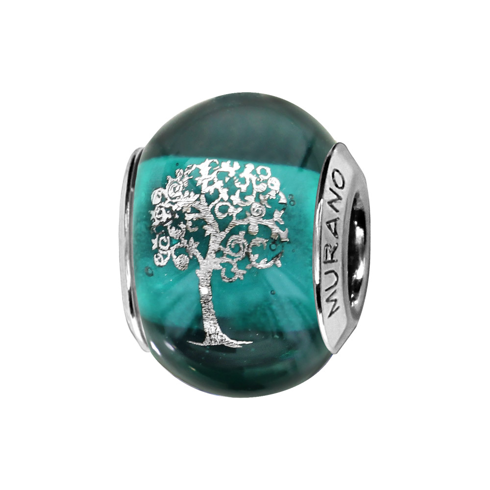Charms Thabora en argent rhodié et verre de Murano véritable bleu-vert avec arbre de vie argenté