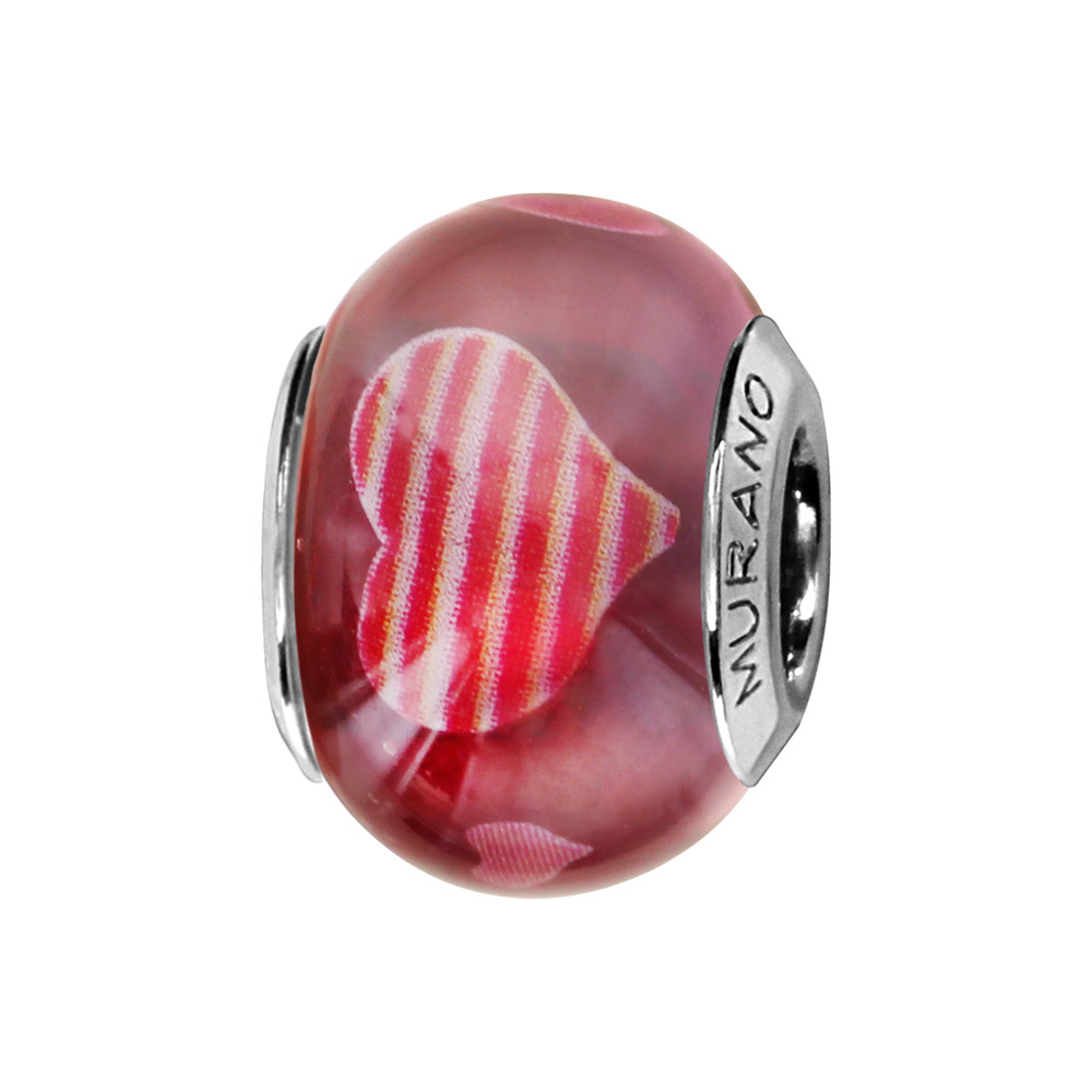 Charms Thabora en argent rhodié et verre de Murano véritable rouge-violet avec coeurs rouges striés blancs