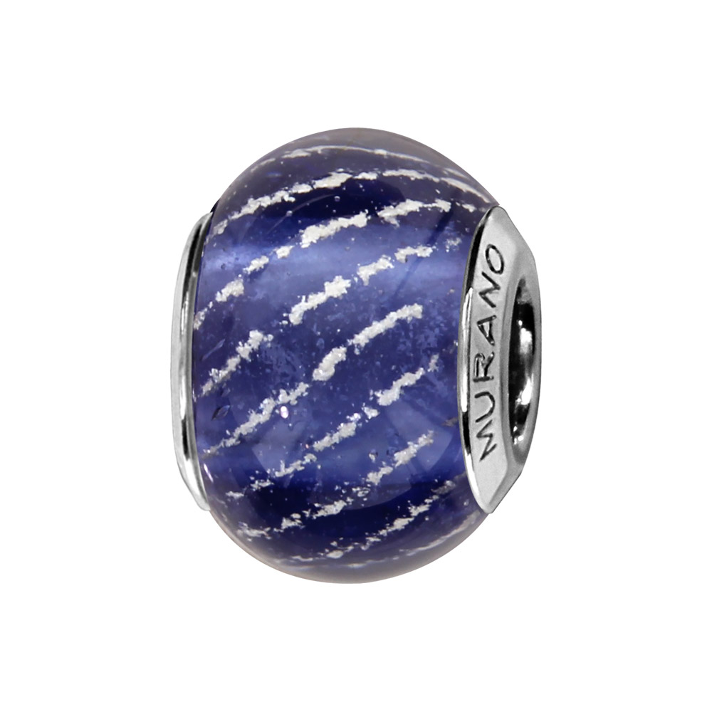 Charms Thabora en argent rhodié et verre de Murano véritable violet-bleu foncé strié argenté