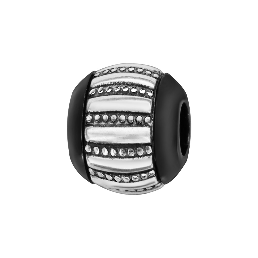 Charms Thabora boule en céramique noire avec 1 bande large en argent rhodié rayée lisse et petits clous