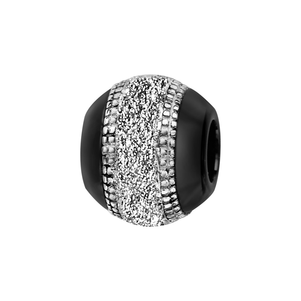 Charms Thabora boule en céramique noire avec 1 bande en argent rhodié cloutée aux bords et granitée au milieu
