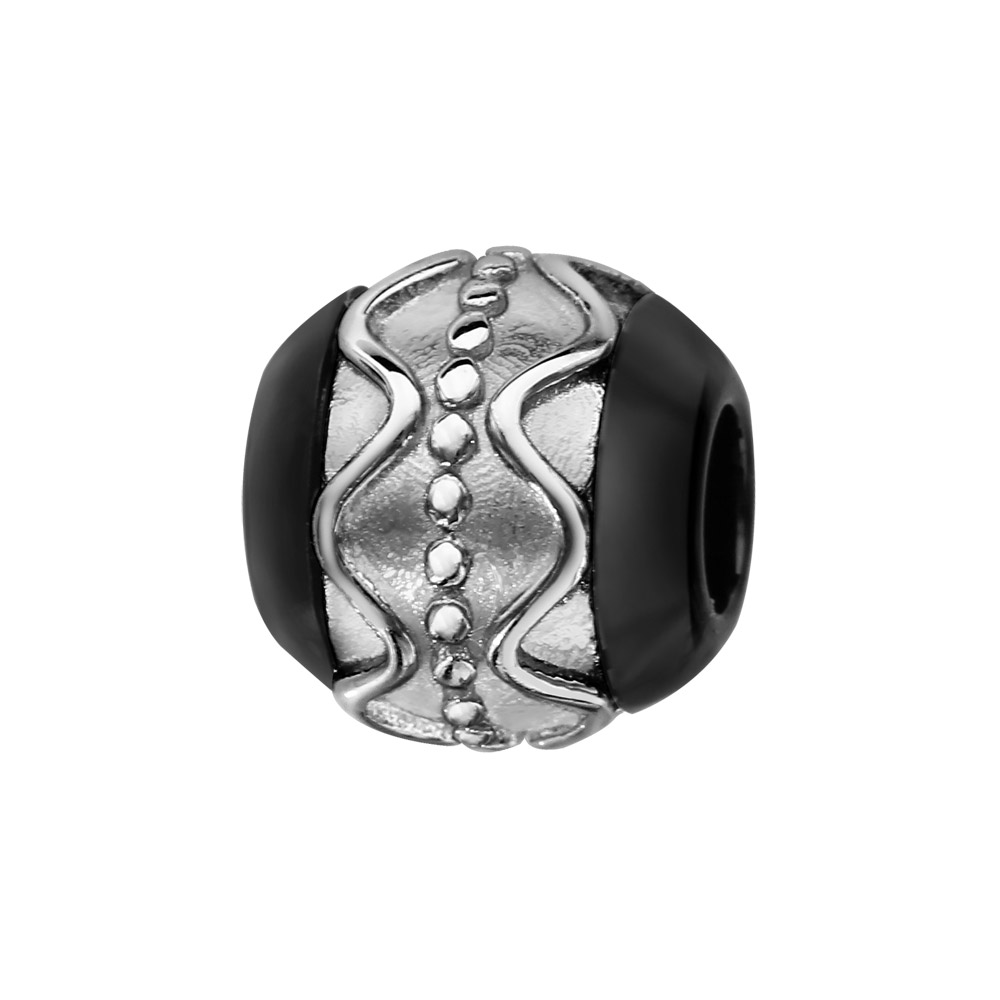 Charms Thabora boule en céramique noire avec 1 bande en argent rhodié ornée de vagues et de clous
