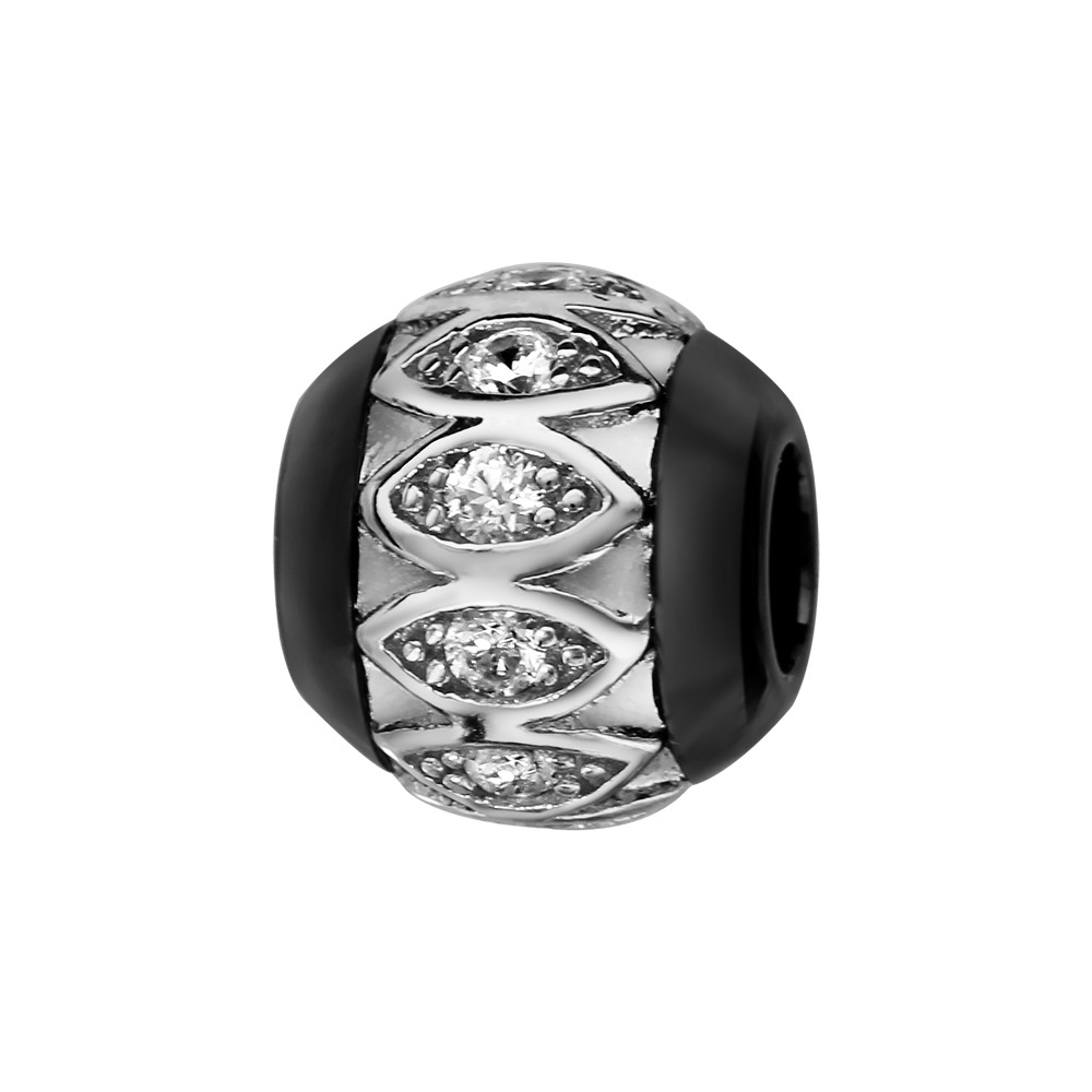 Charms Thabora boule en céramique noire avec 1 bande en argent rhodié ornée d’amandes et oxydes blancs à l’intérieur