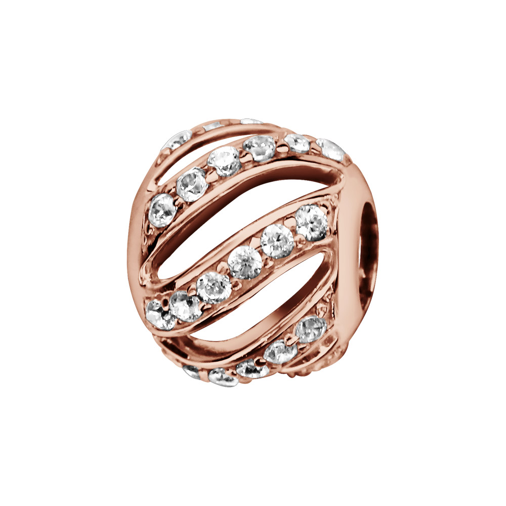 Charms Thabora en argent et dorure rose boule avec rayures ajourées et ornées d’oxydes blancs