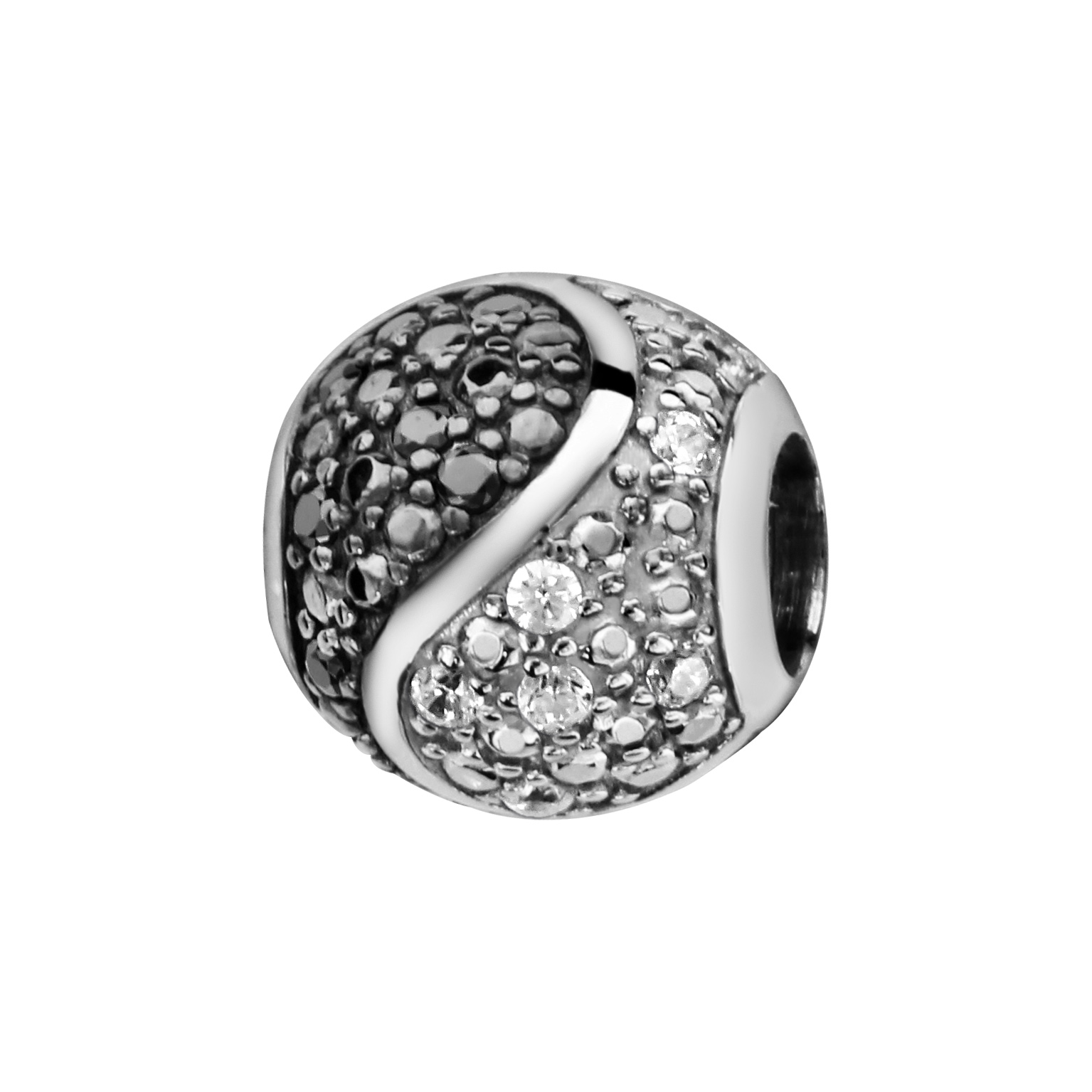 Charms Thabora en argent rhodié boule ornée d’oxydes noirs et blancs séparés Yin & Yang