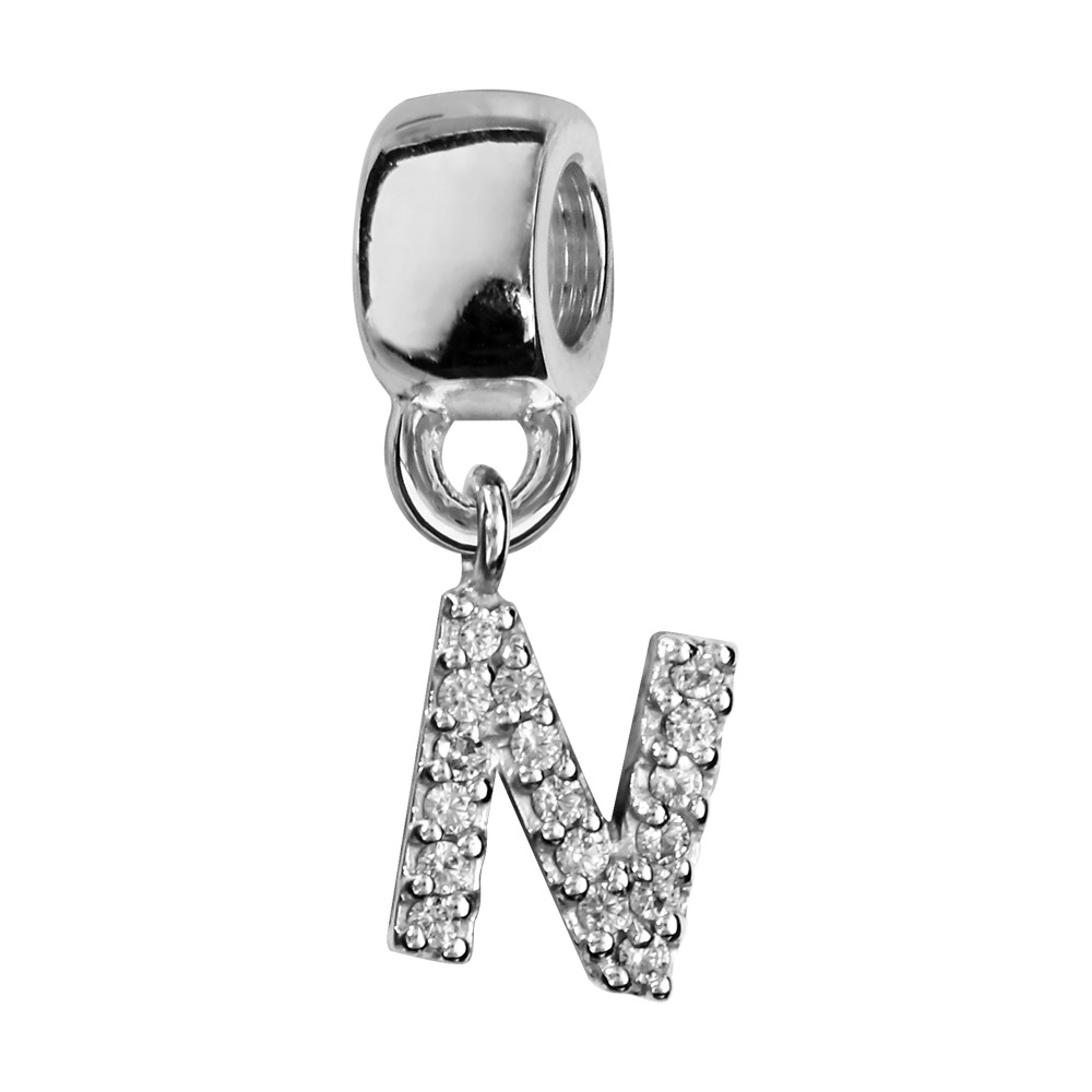 Charms Thabora en argent rhodié lettre N ornée d’oxydes blancs suspendu