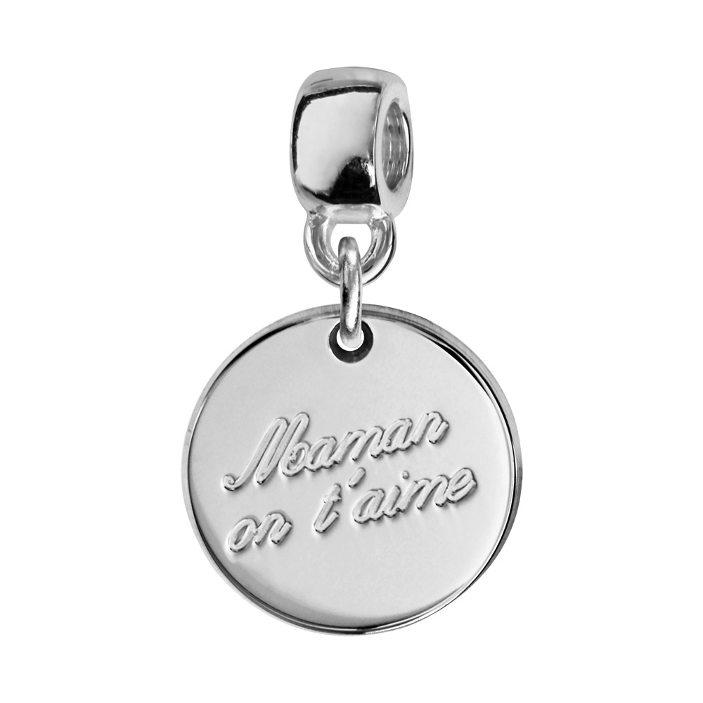 Charms Thabora en argent rhodié médaille suspendue gravée « Maman on t&rsquo;aime »