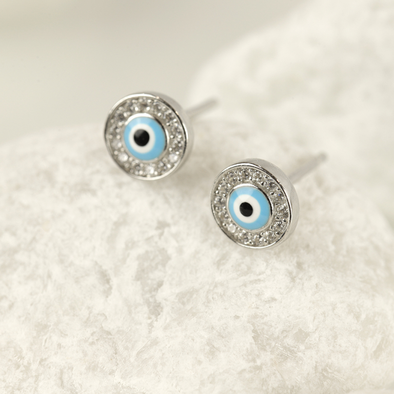 Boucles d\'oreille ronde tige en argent rhodié oeil de la chance avec oxydes blancs sertis - Vue 10
