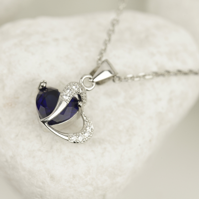 Collier en argent rhodié pendentif double coeur oxyde bleu et blancs - 40+3cm - Vue 10