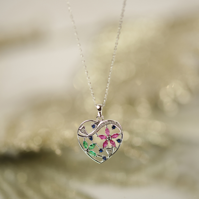 Collier en argent rhodié pendentif coeur avec fleurs oxydes multi couleurs - 40+5cm - Vue 10