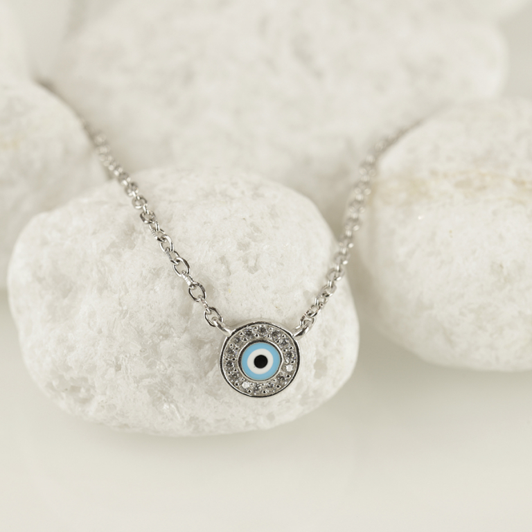 Collier en argent rhodié pendentif rond oeil de la chance avec oxydes blancs sertis - 40+4cm - Vue 10