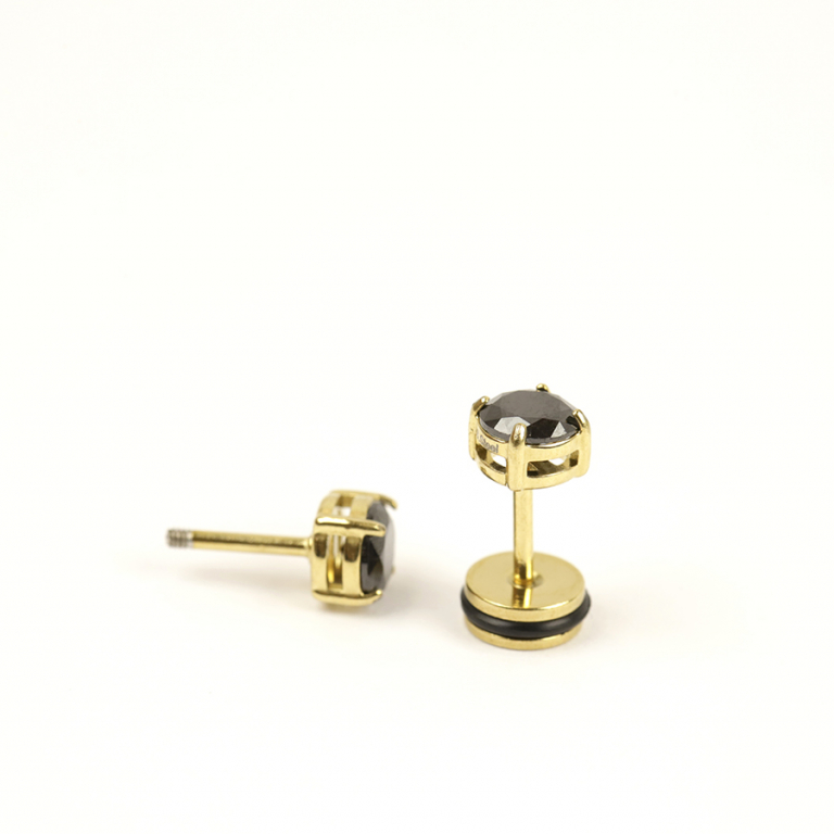 Boucles d\'oreille tige en acier doré jaune oxyde 5mm noir fermoir à vis et caoutchouc - Vue 10