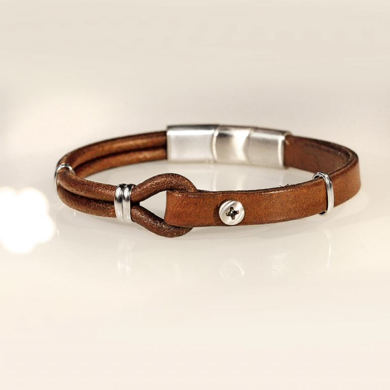 Bracelet en acier et cuir marron avec boucle et vis 20cm + 1cm double fermoir - Vue 10