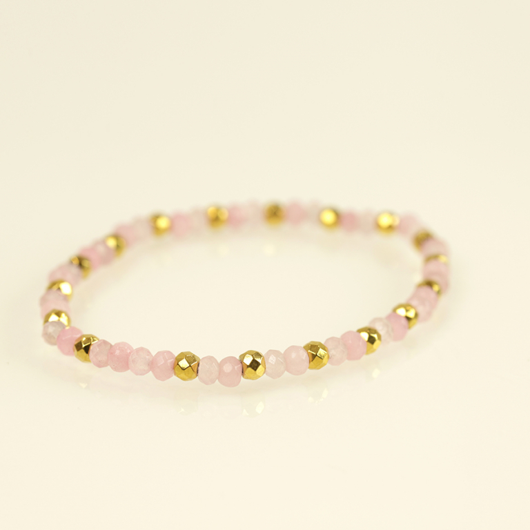 Bracelet extensible quartz rose véritable et boules en acier doré - Vue 10