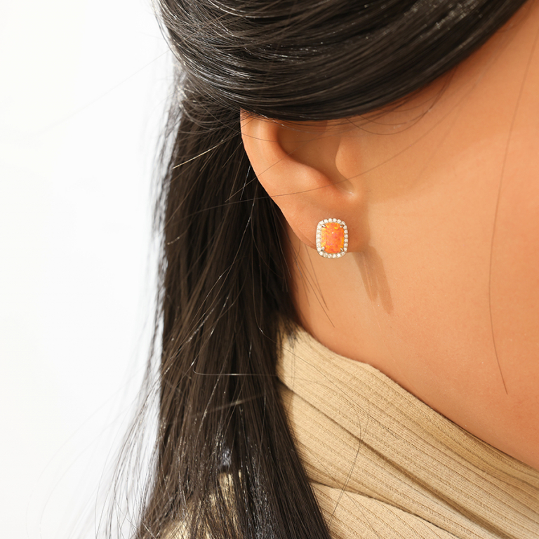 Boucles d\'oreille en argent rhodi Opale orange de synthse carr et oxydes blancs sertis fermoir poussette - Vue 20