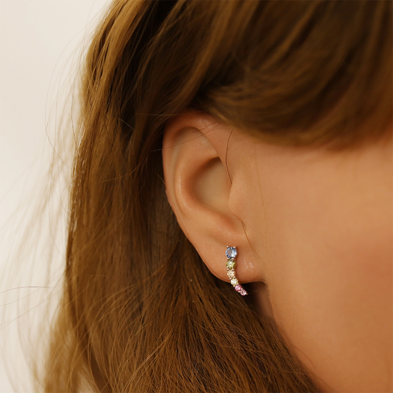 Boucles d\'oreille en argent rhodié virgule avec oxydes multicouleur en cascade et fermoir poussette - Vue 20