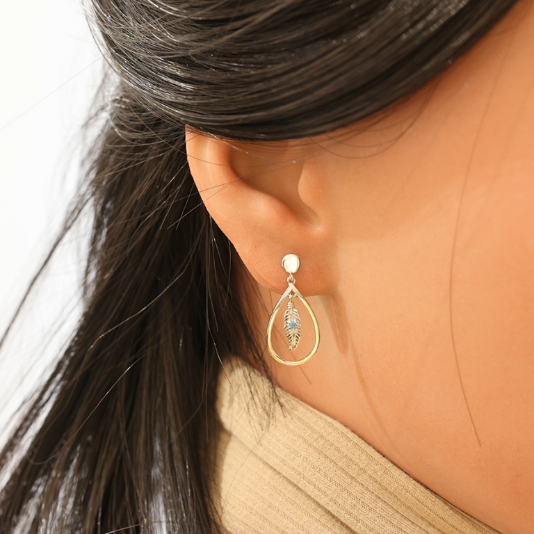 Boucles d\'oreille en argent platin goutte vide suspendue avec plume et oxyde bleu fermoir poussette - Vue 20