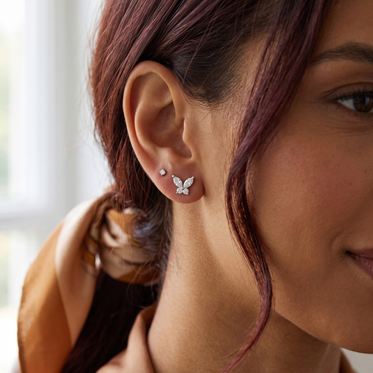 Boucles d\'oreille tige, en argent rhodi� papillon oxydes blancs sertis - Vue 20