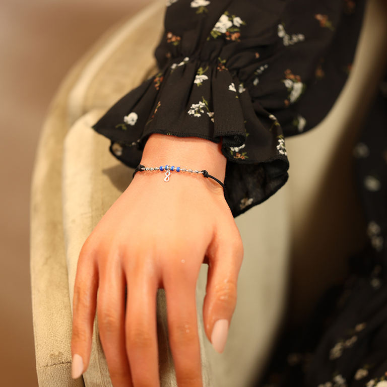 Bracelet en argent rhodi cordon noir avec pampille infini et perles bleues 16+3cm - Vue 20