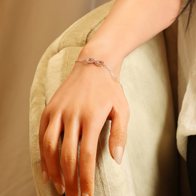 Bracelet en argent rhodi motif infini ajour avec oxydes rose sertis 16+3cm - Vue 20