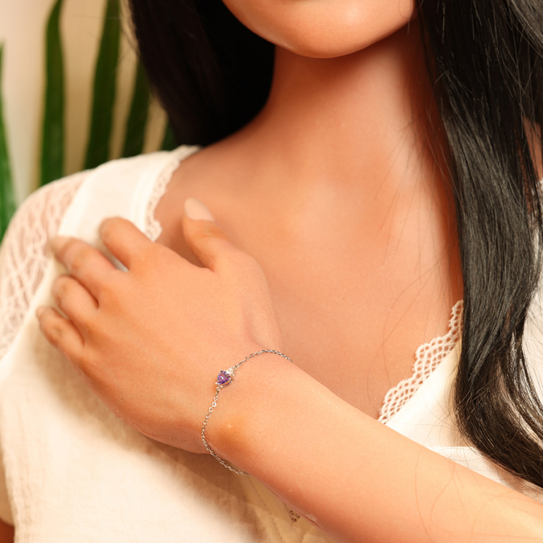 Bracelet en argent rhodi chane avec oxyde violet forme coeur et 1 oxyde blanc 16+3cm - Vue 20