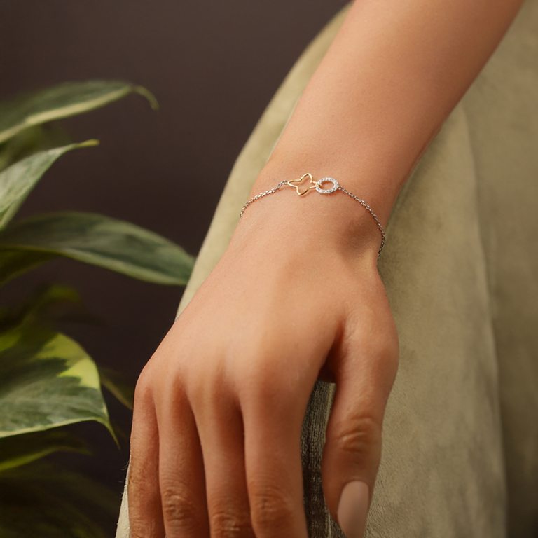 Bracelet en argent bicolore fleur decoup�e lisse et cercle entour� d\'oxydes blancs sertis - 16+3cm - Vue 20