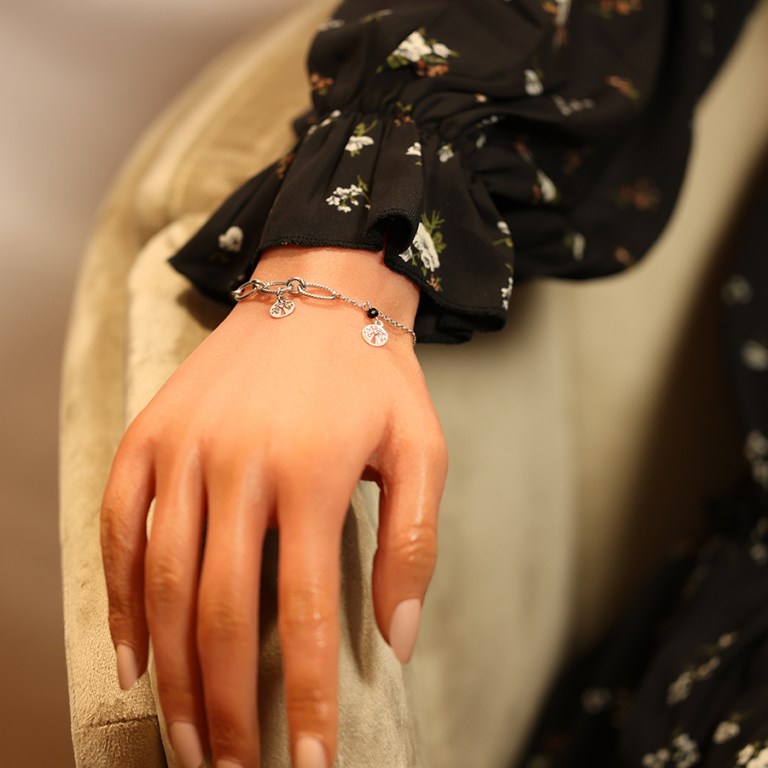 Bracelet en argent rhodi chane avec gros maillons et pampilles arbre de vie et pierre facet de couleur noire 16+3cm - Vue 20