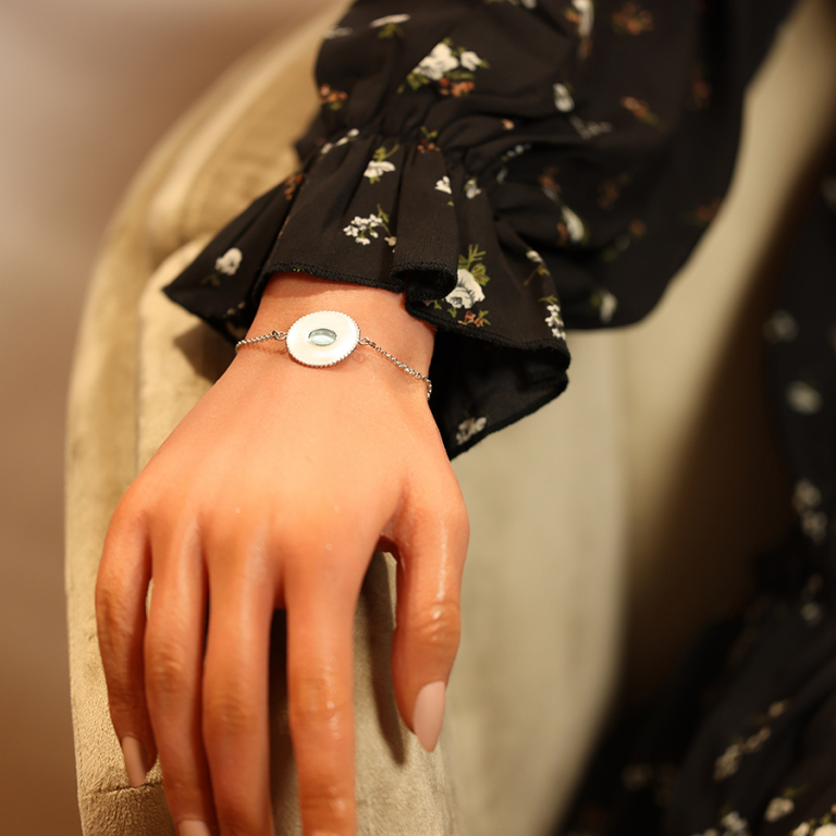 Bracelet en argent rhodi chane avec rond blanc et cabochon bleu 16+3cm - Vue 20