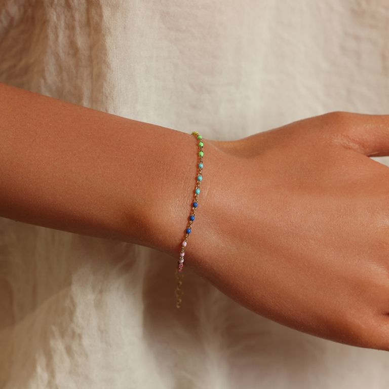 Bracelet en argent et dorure jaune avec perles multicolores dgrades rose  vert arc-en-ciel 15+3cm - Vue 20