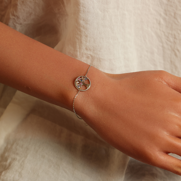 Bracelet en argent rhodi chane avec pastille arbre de vie contour perl et oxydes multi couleurs 16+2cm - Vue 20