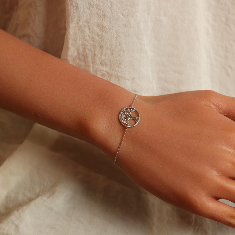 Bracelet en argent rhodi chane avec pastille arbre de vie contour perl et oxydes violets 16+2cm - Vue 20