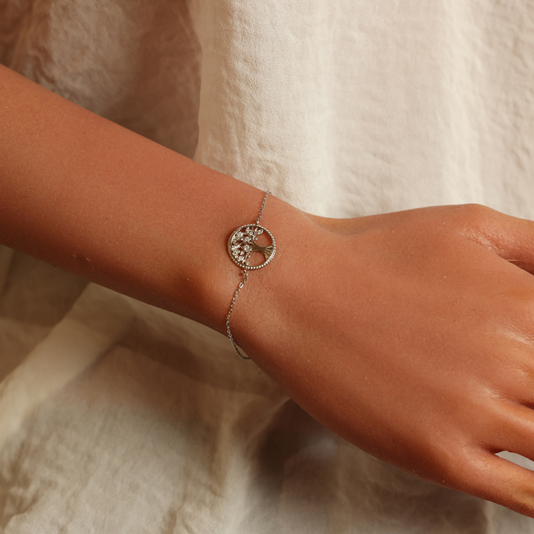 Bracelet en argent rhodi chane avec pastille arbre de vie contour perl et oxydes blancs 16+2cm - Vue 20