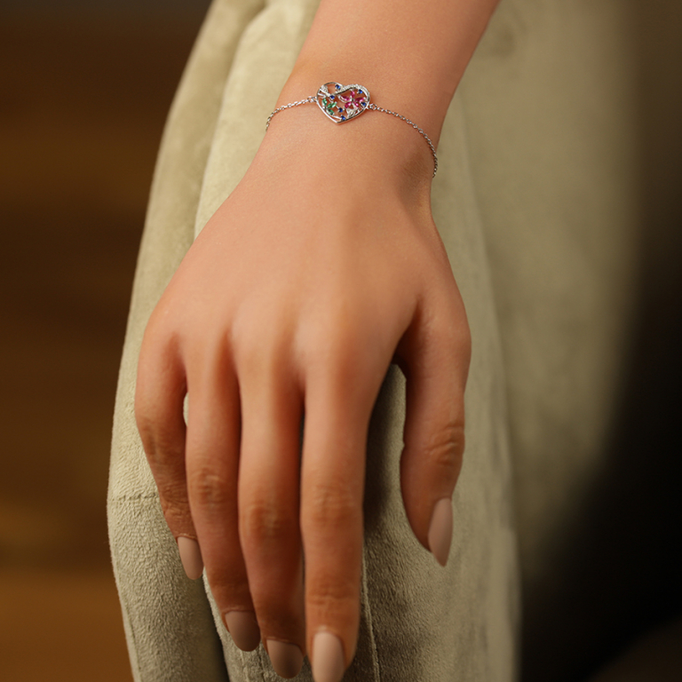 Bracelet en argent rhodié motif coeur avec fleurs d\'oxydes multi couleurs - 16+3cm - Vue 20