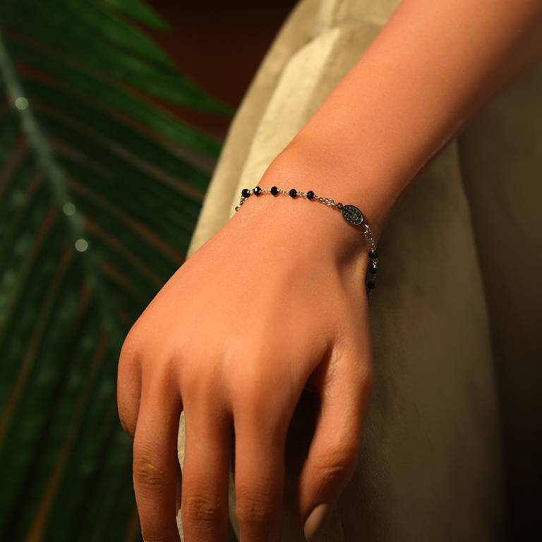Bracelet en argent rhodi chapelet boules facetes spinelle noires - 16+4cm - Vue 20