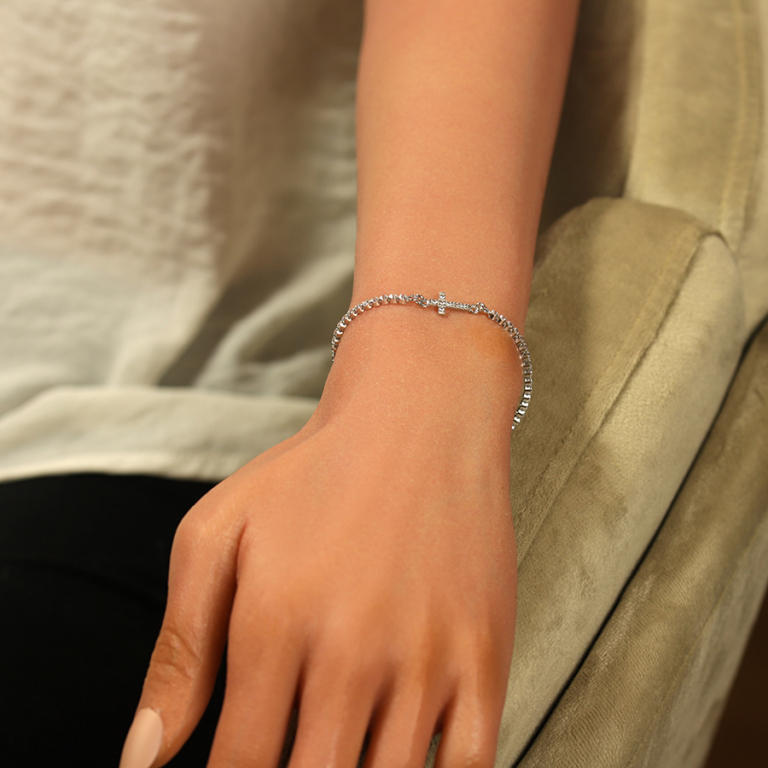 Bracelet en argent rhodié paré d\'oxydes blancs sertis tennis avec croix - 16+3cm - Vue 20