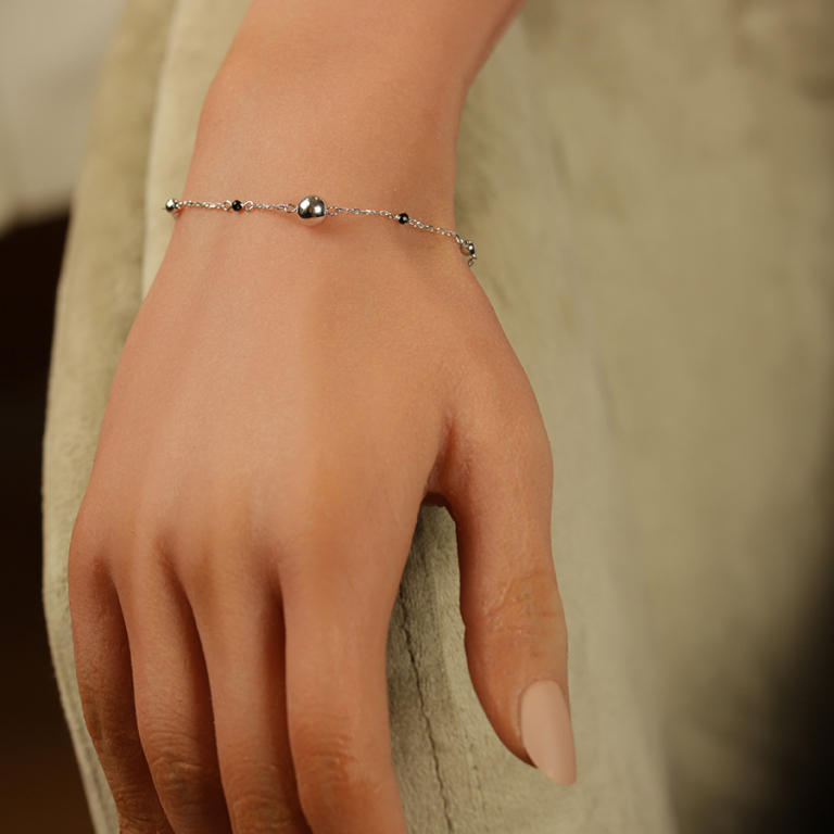 Bracelet en argent rhodi boules et verre facet noir -16+3cm - Vue 20