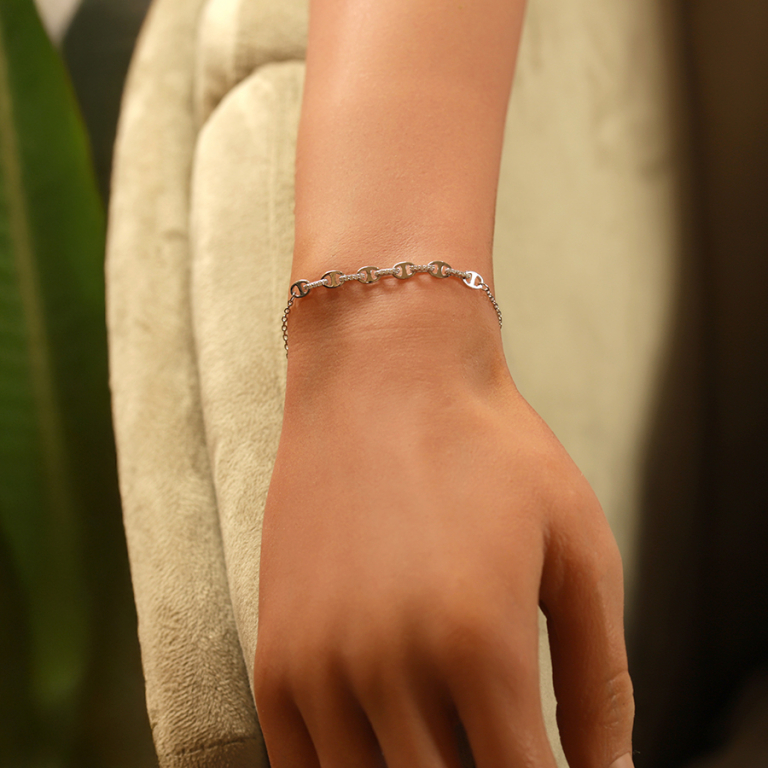 Bracelet en argent rhodi grain de caf avec oxydes blancs sertis - 16+3cm - Vue 20