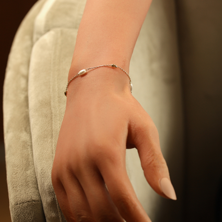 Bracelet en argent dor� perle blanche imitation et olives -16+3cm - Vue 20