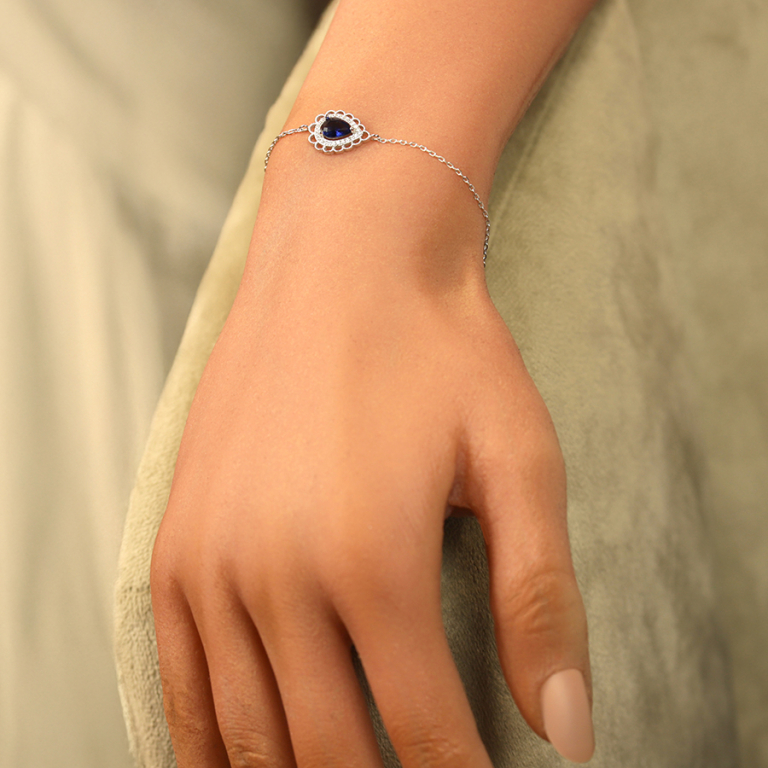 Bracelet en  argent rhodi� goutte oxyde bleu serti contour oxydes blancs sertis et dentell� - 15+3cm - Vue 20