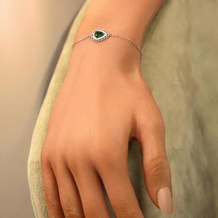 Bracelet en argent rhodi� goutte oxyde vert serti contour oxydes blancs sertis et dentell� - 15+3cm - Vue 20