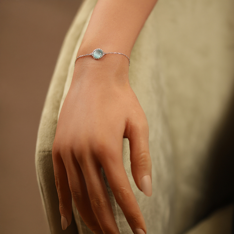 Bracelet en argent rhodi� cabochon bleu ciel - 15+3cm - Vue 20