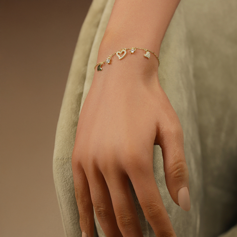 Bracelet en argent dore pampilles multi coeurs lisses et oxydes blancs sertis - 15+3cm - Vue 20