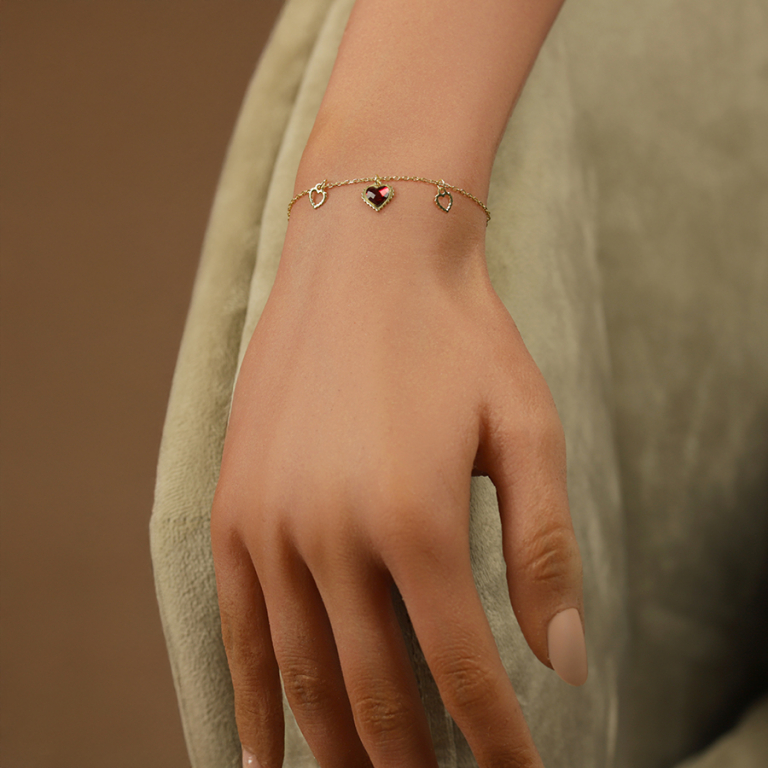 Bracelet en argent dor� pampille coeurs ajour�s et un oxyde rouge - 15+3cm - Vue 20