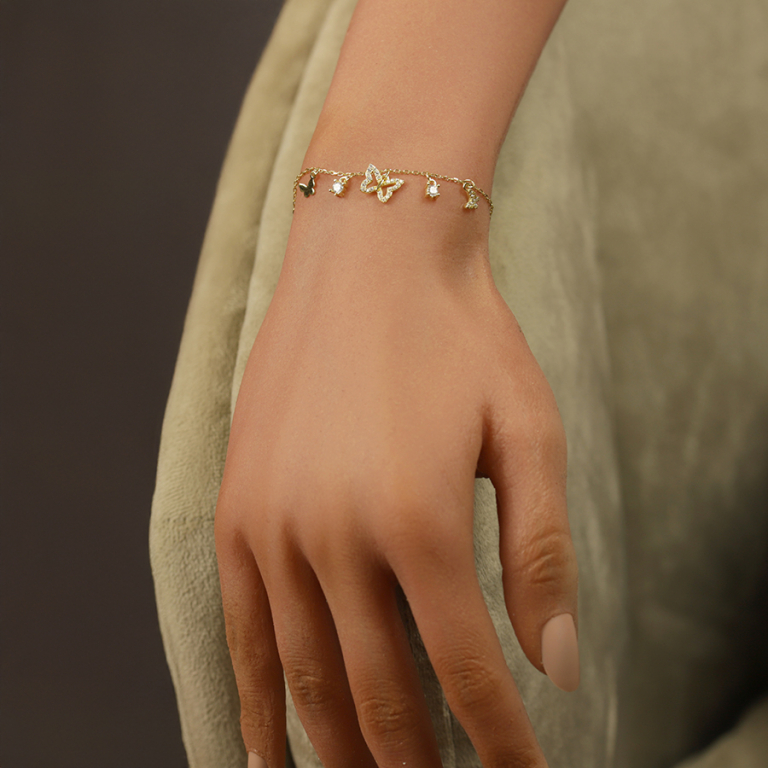 Bracelet en argent dor� pampilles papillons avec oxydes blancs sertis  - 1 5+3cm - Vue 20