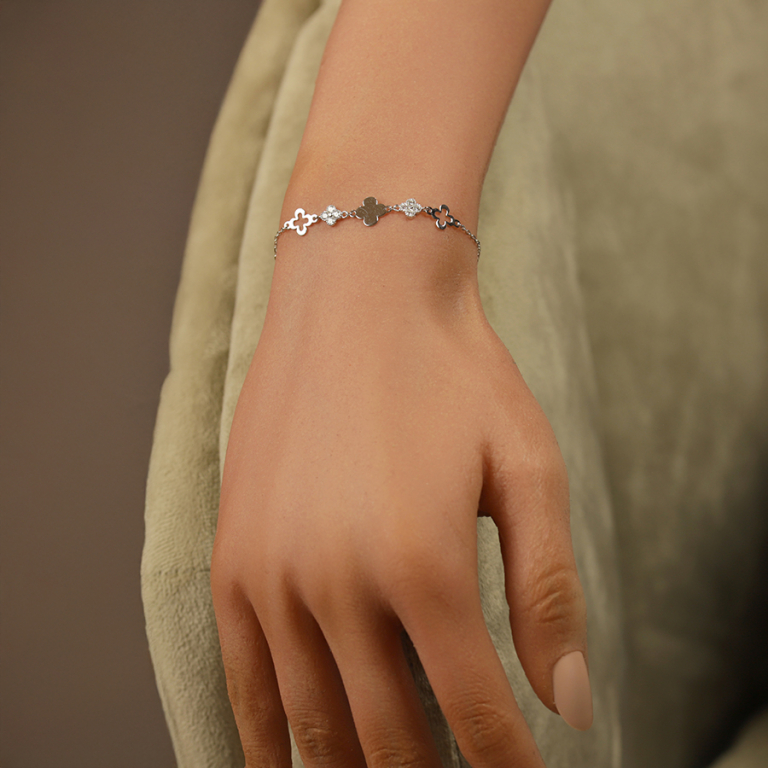 Bracelet en argent tr�fles lisses et tr�fles avec oxydes blancs - 15+3cm - Vue 20