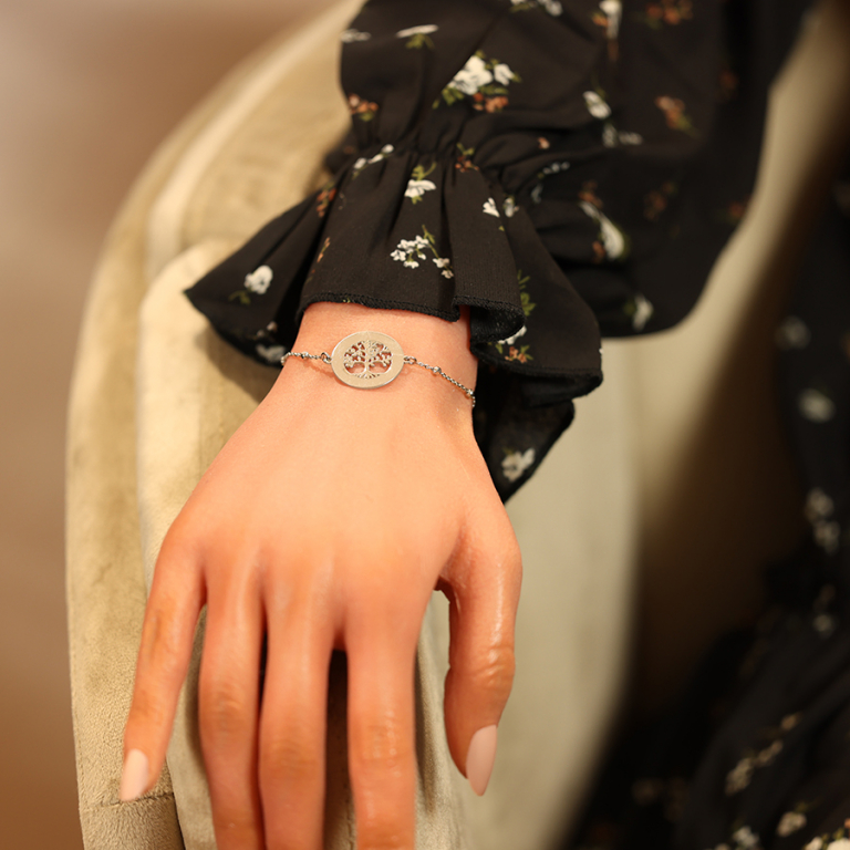 Bracelet en argent rhodi chane avec mdaillon prnoms  graver motif petit arbre de vie 20mm  15,5+3cm - Vue 20