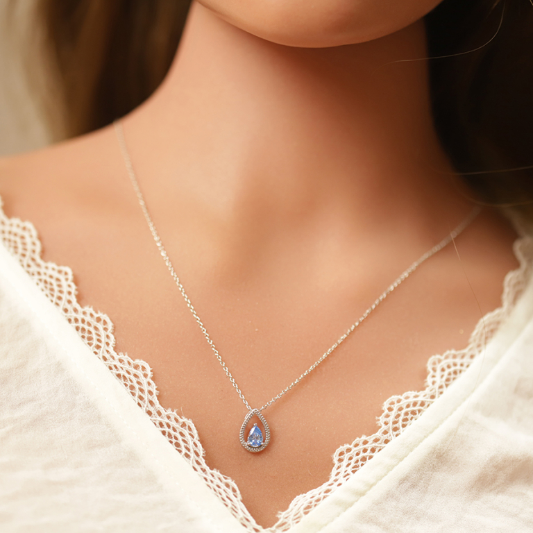 Collier en argent rhodi chane avec pendentif goutte et oxyde bleu ciel serti 40+4cm - Vue 20