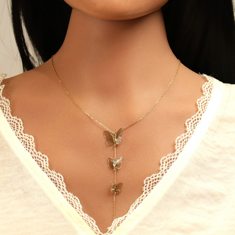 Collier en argent dor� trois papillons avec oxyde blanc - 40+5cm - Vue 20