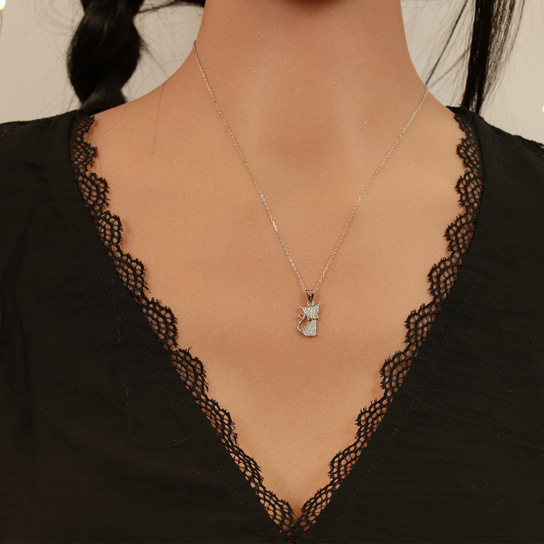 Collier en argent rhodi chane avec pendentif chat oxydes blancs sertis 43cm rglable 41 et 39cm - Vue 20