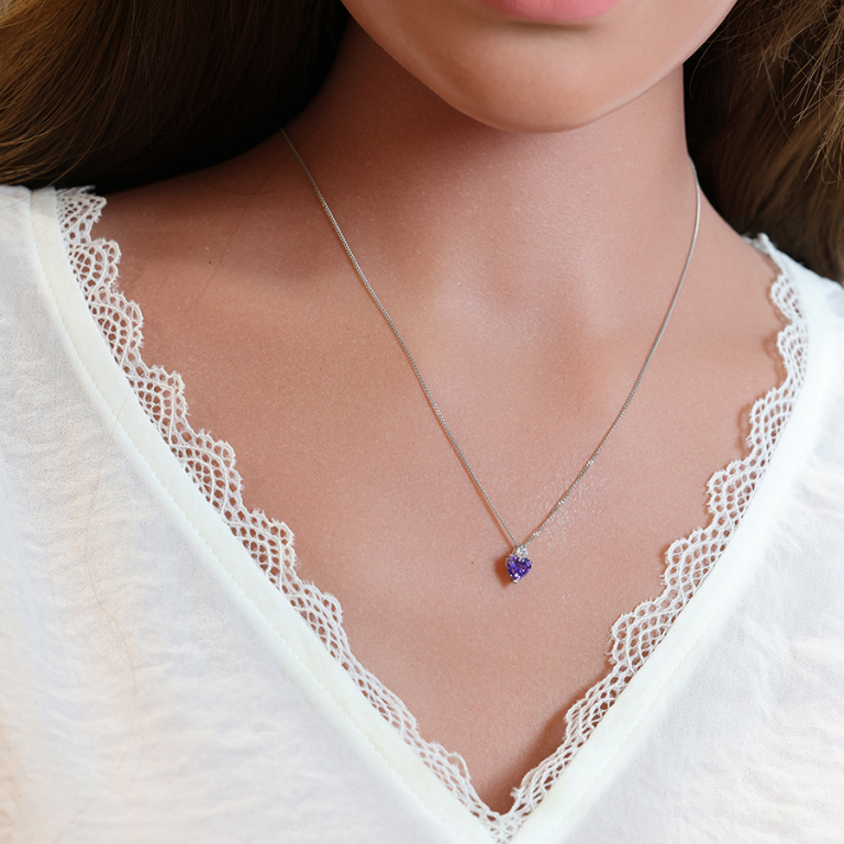 Collier en argent rhodi chane avec pendentif oxyde violet forme coeur et oxyde blanc 42+3cm - Vue 20